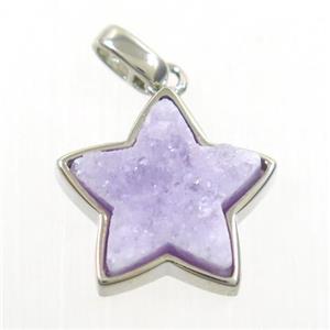 purple druzy quartz pendant, star, platinum plated, approx 15mm dia