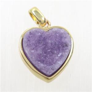 purple druzy quartz heart pendant, gold plated, approx 15mm