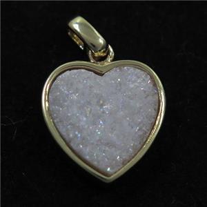 white AB-color druzy quartz heart pendant, gold plated, approx 15mm