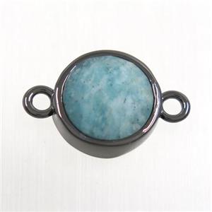 green Amazonite circle connector, black plated, approx 12mm dia