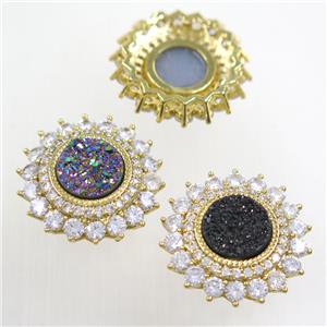 mix color Druzy Quartz SunFlower beads pave zircon, gold plated, approx 10mm, 23mm dia