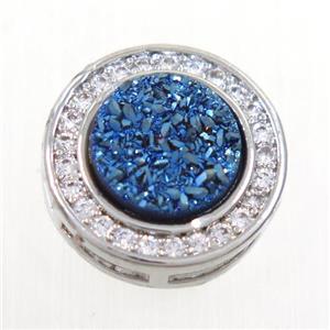 blue Druzy Quartz beads pave zircon, flat-round, platinum plated, approx 8mm, 13mm dia