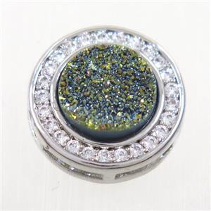 green Druzy Quartz beads pave zircon, flat-round, platinum plated, approx 8mm, 13mm dia