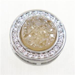gold champagne Druzy Quartz beads pave zircon, flat-round, platinum plated, approx 8mm, 13mm dia