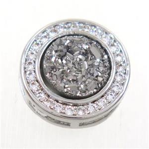 silver Druzy Quartz beads pave zircon, flat-round, platinum plated, approx 8mm, 13mm dia