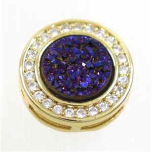 purple Druzy Quartz beads pave zircon, circle, gold plated, approx 8mm, 13mm dia