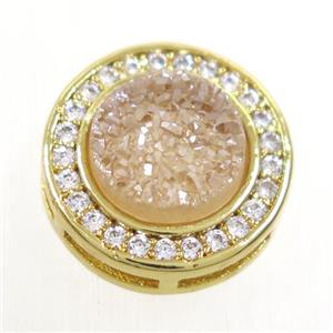 gold champagne Druzy Quartz beads pave zircon, flat-round, gold plated, approx 8mm, 13mm dia