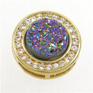 rainbow Druzy Quartz beads pave zircon, flat-round, gold plated, approx 8mm, 13mm dia