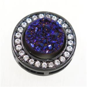 purple Druzy Quartz beads pave zircon, flat-round, black plated, approx 8mm, 13mm dia