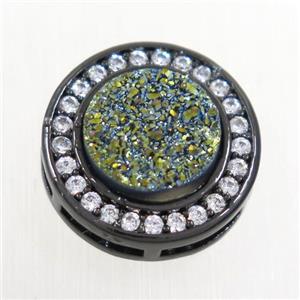 green Druzy Quartz beads pave zircon, flat-round, black plated, approx 8mm, 13mm dia