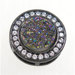 rainbow Druzy Quartz beads pave zircon, flat-round, black plated, approx 8mm, 13mm dia