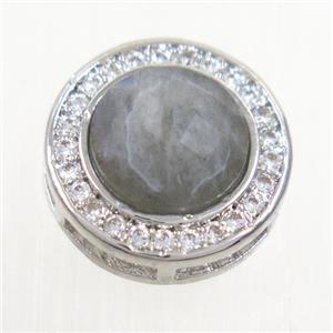 Labradorite beads pave zircon, flat-round, platinum plated, approx 8mm, 13mm dia