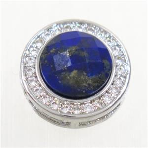 blue Lapis beads pave zircon, flat-round, platinum plated, approx 8mm, 13mm dia