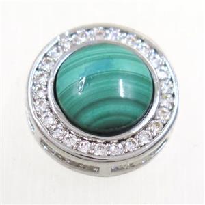 green Malachite beads pave zircon, flat-round, platinum plated, approx 8mm, 13mm dia