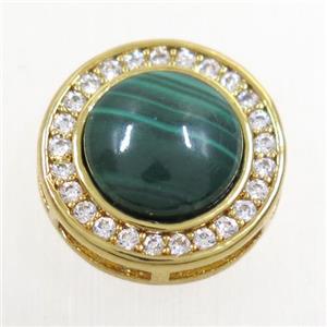 green Malachite beads pave zircon, flat-round, gold plated, approx 8mm, 13mm dia