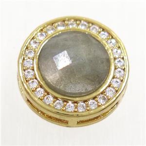 Labradorite beads pave zircon, flat-round, gold plated, approx 8mm, 13mm dia