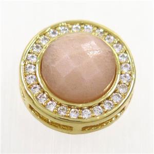 peach MoonStone beads pave zircon, flat-round, gold plated, approx 8mm, 13mm dia