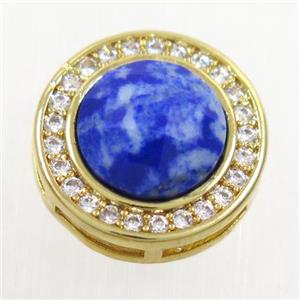 blue Lapis beads pave zircon, flat-round, gold plated, approx 8mm, 13mm dia