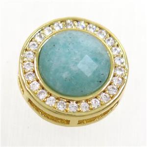 green Amazonite beads pave zircon, flat-round, gold plated, approx 8mm, 13mm dia