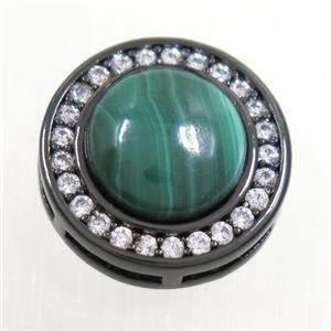 green Malachite beads pave zircon, flat-round, black plated, approx 8mm, 13mm dia