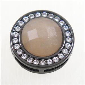 peach MoonStone beads pave zircon, flat-round, black plated, approx 8mm, 13mm dia