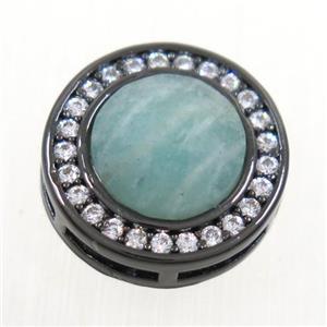 green Amazonite beads pave zircon, flat-round, black plated, approx 8mm, 13mm dia