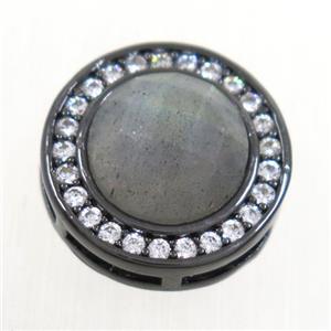 Labradorite beads pave zircon, flat-round, black plated, approx 8mm, 13mm dia