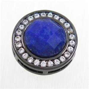 blue Lapis beads pave zircon, flat-round, black plated, approx 8mm, 13mm dia