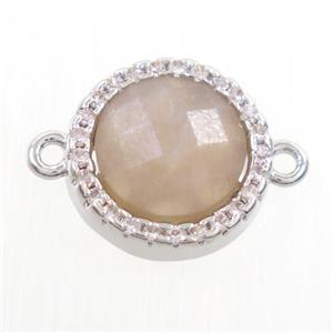 peach Moonstone connector paved zircon, circle, platinum plated, approx 11mm dia