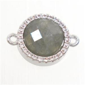 Labradorite connector paved zircon, circle, platinum plated, approx 11mm dia