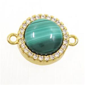 green Malachite connector paved zircon, circle, gold plated, approx 11mm dia