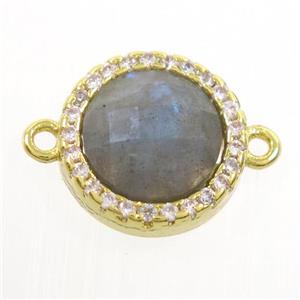 Labradorite connector paved zircon, circle, gold plated, approx 11mm dia