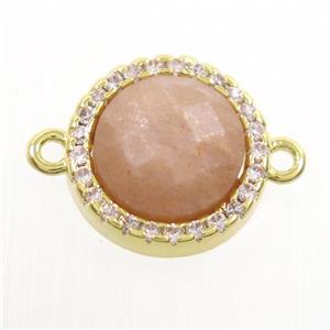 peach MoonStone connector paved zircon, circle, gold plated, approx 11mm dia
