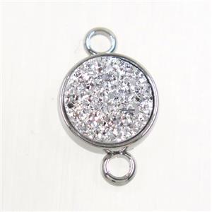 silver Druzy Resin connector, circle, platinum plated, approx 8mm dia