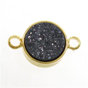 black Druzy Resin connector, circle, gold plated, approx 8mm dia