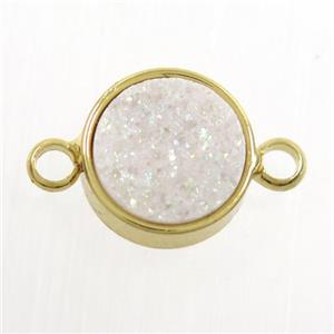 white AB-color Druzy Resin connector, circle, gold plated, approx 8mm dia