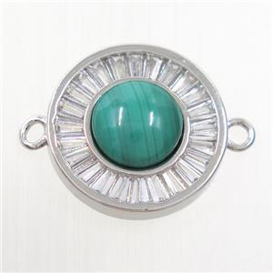 green Malachite circle connector pave zircon, brass, platinum plated, approx 8mm, 16mm dia