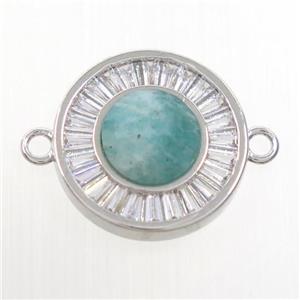 green Amazonite circle connector pave zircon, brass, platinum plated, approx 8mm, 16mm dia