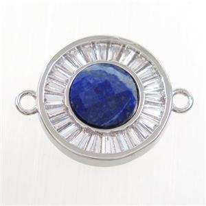 blue Lapis circle connector pave zircon, brass, platinum plated, approx 8mm, 16mm dia