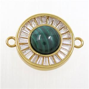 green Malachite circle connector pave zircon, brass, gold plated, approx 8mm, 16mm dia