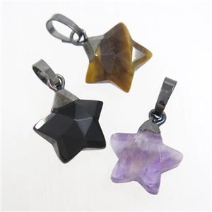 mix gemstone star pendant, black plated, approx 12mm dia