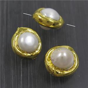 white freshwater Pearl beads, round, gold plated, approx 11-14mm