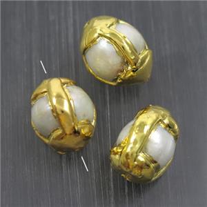 white freshwater Pearl beads, round, gold plated, approx 13-18mm