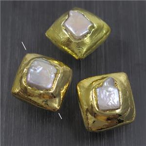 white baroque style Pearl beads, rhombic, gold plated, approx 20-25mm