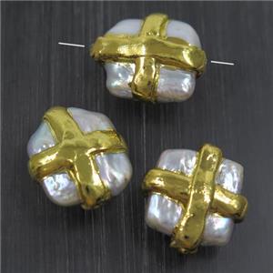 white baroque style Pearl beads, square, gold plated, approx 15-20mm