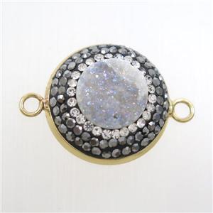 white ab-color druzy quartz circle connector pave rhinestone, gold plated, approx 12mm, 22mm dia