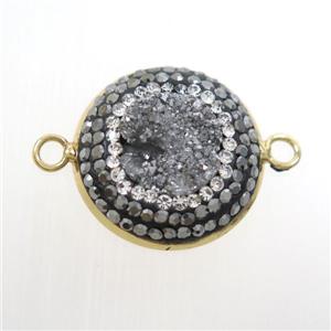 silver druzy quartz circle connector pave rhinestone, gold plated, approx 12mm, 22mm dia
