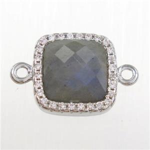 Labradorite square connector pave zircon, platinum plated, approx 12x12mm