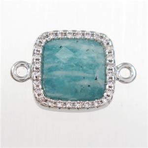 green Amazonite square connector pave zircon, platinum plated, approx 12x12mm