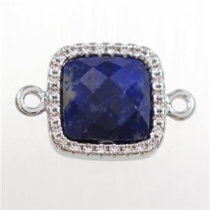 blue Lapis square connector pave zircon, platinum plated, approx 12x12mm